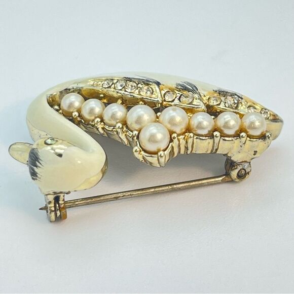 Vintage Coro Swan Brooch | Enamel Paint Rhinestone  Pearl Inlay Bird Pin Jewelry - Picture 7 of 13